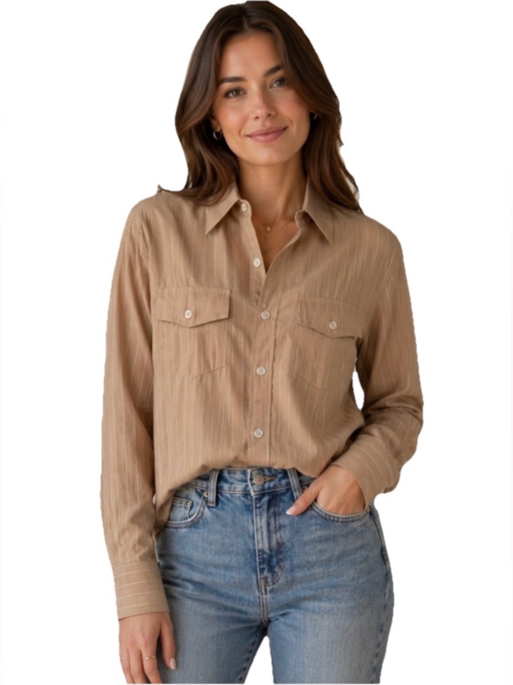 Equipment Beige Pinstripe Double Pocket Button-Up Women’s Shirt Size Medium
